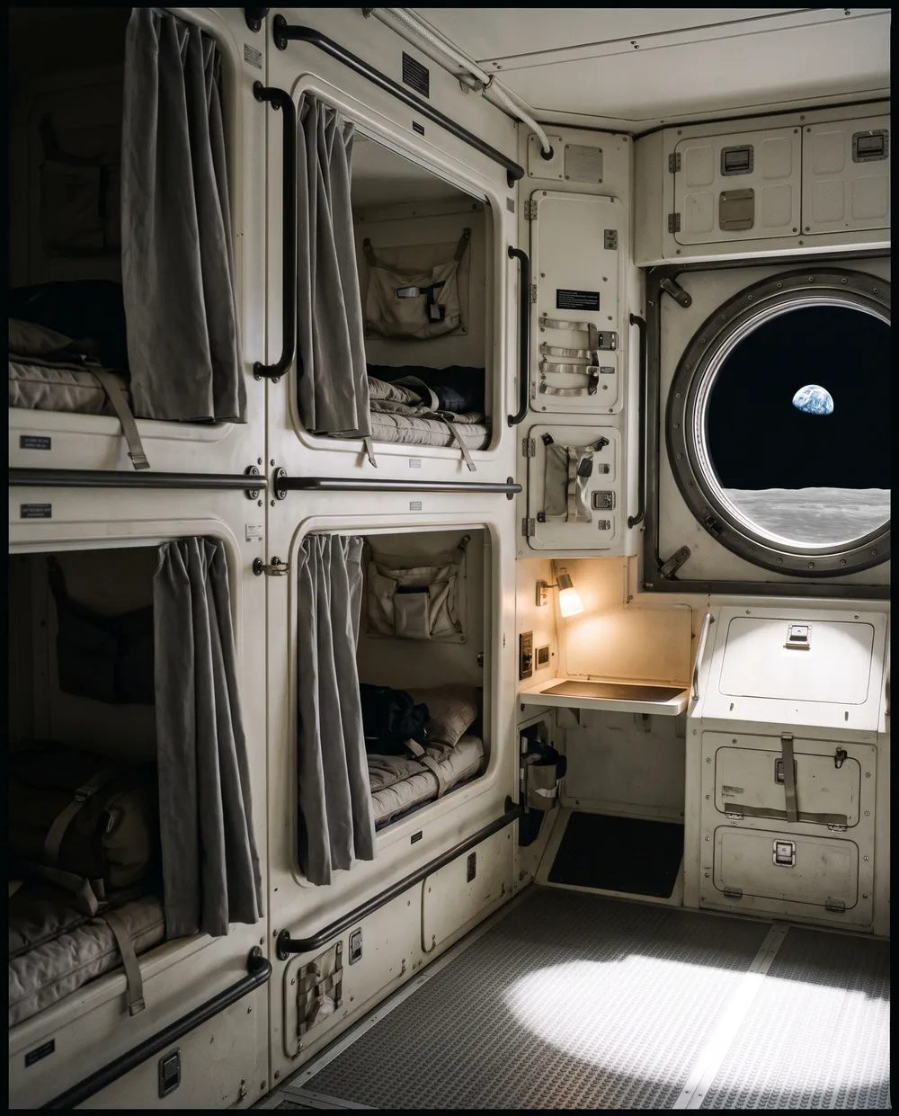 Four curtained berths inside the habitat, with a porthole showing Earth above the lunar horizon