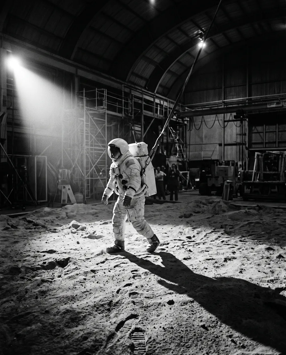 A suited trainee walking on simulated regolith under a harsh spotlight, a support cable rising from the suit